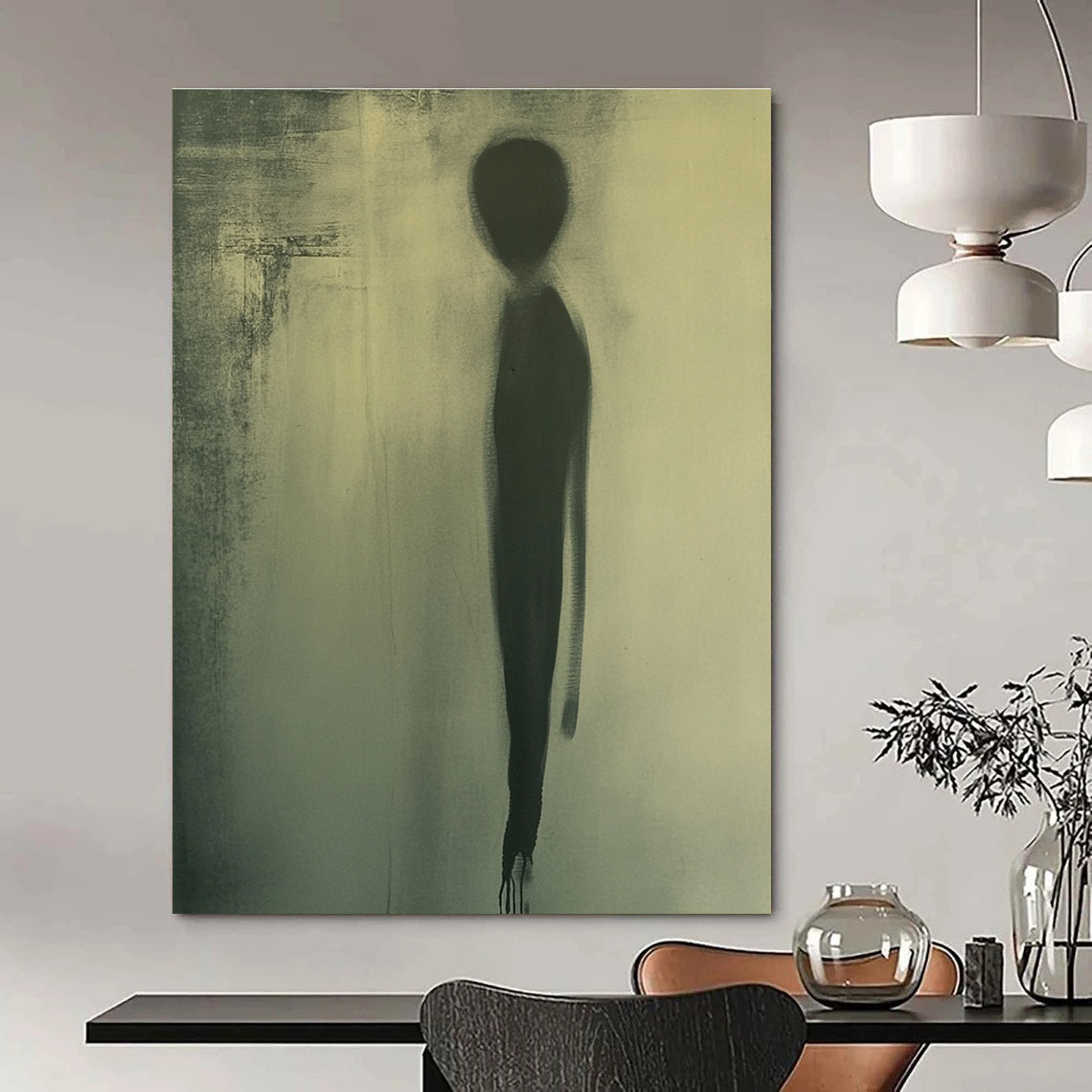 Large abstract painting featuring a faint oval silhouette in muted green tones creating an atmosphere of mystery and intrigue.STSC992