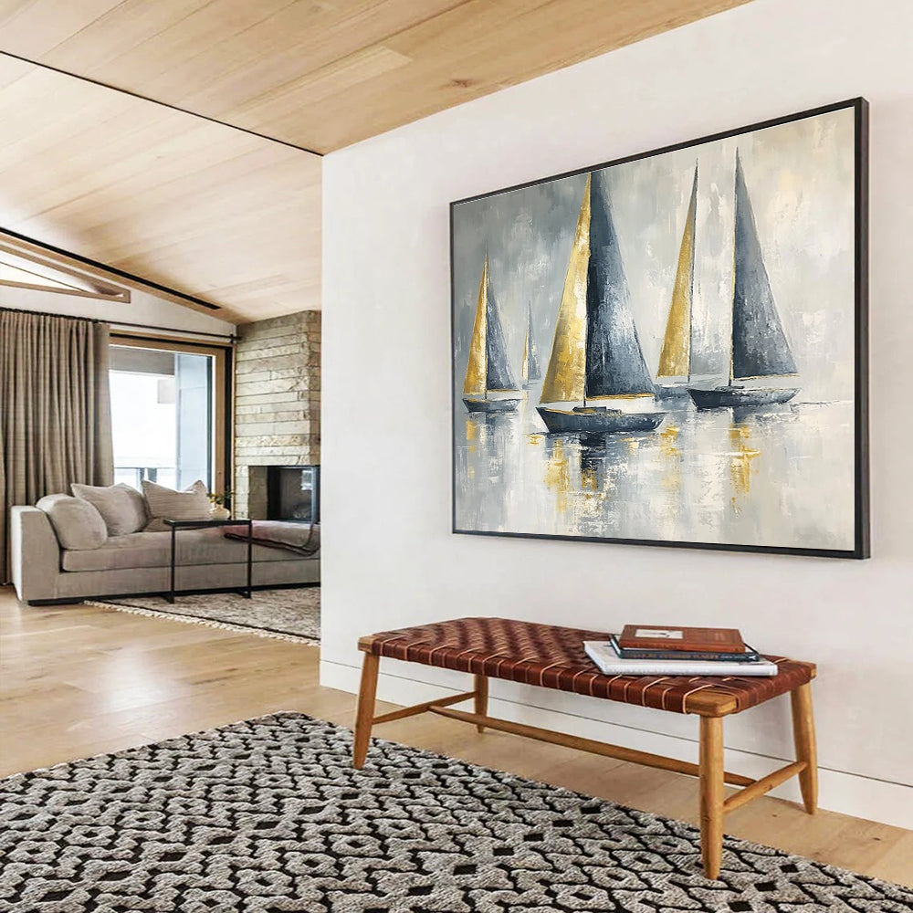 Gold and Gray Sailboats Elegant Abstract Painting with Metallic Accents DYP607