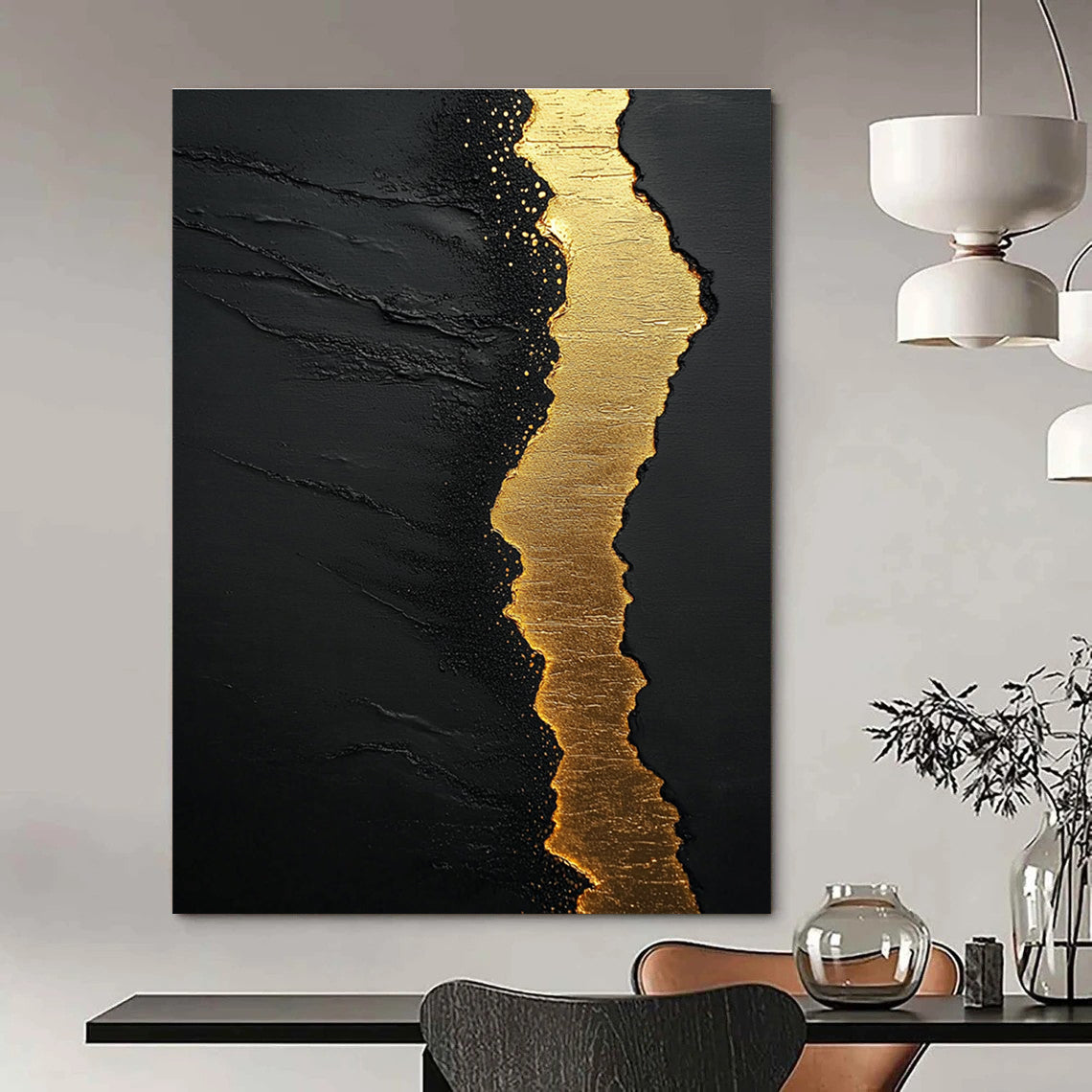 Large abstract painting featuring textured black sand golden water and white clouds with flowing golden light in a minimalist style against a dark background.STSC304