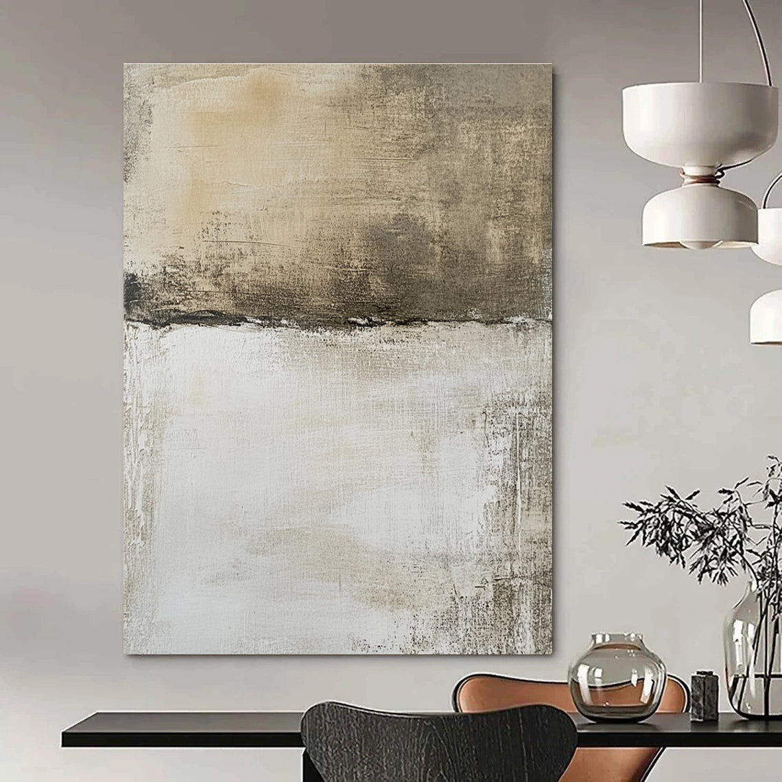 Large abstract painting features a neutral background with faded textures and brown shapes, evoking an aerial view of a landscape.STSC1103