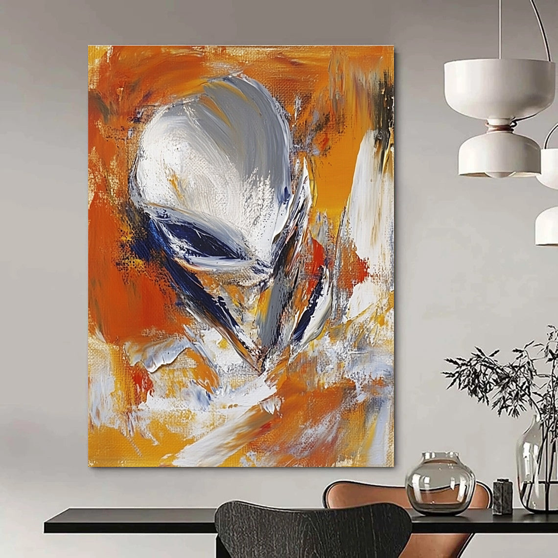 Large abstract painting in the style of James Britton featuring an alien figure in orange and white with blurred brush strokes.STSC626
