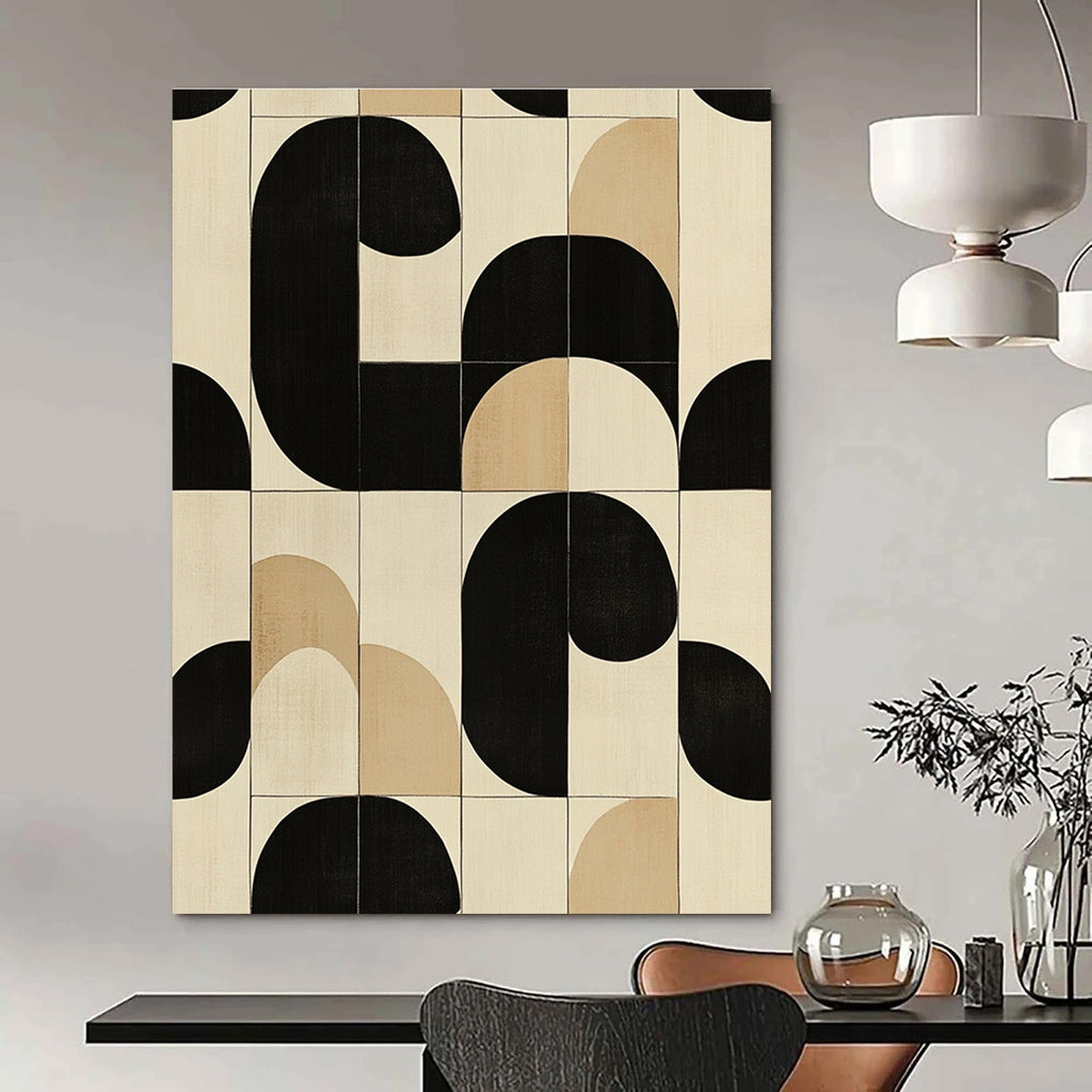 Large abstract painting featuring modern black white and beige circles and squares perfect for contemporary decor.STSC1102