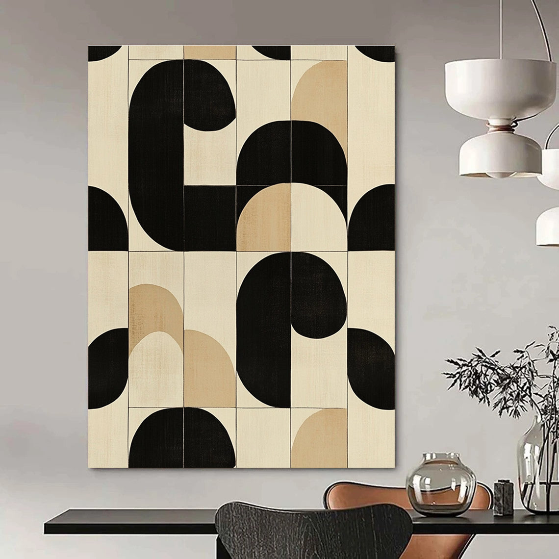 Large abstract painting featuring modern black white and beige circles and squares perfect for contemporary decor.STSC1102