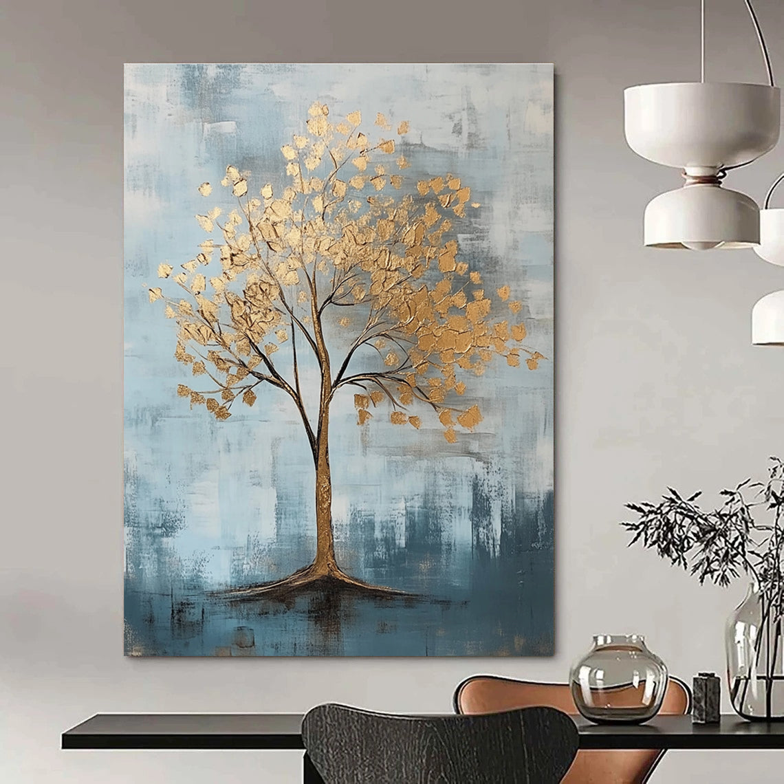 Abstract artwork featuring gold leaf accents against a cool gray and light blue backdrop with textured brush strokes.STSC838