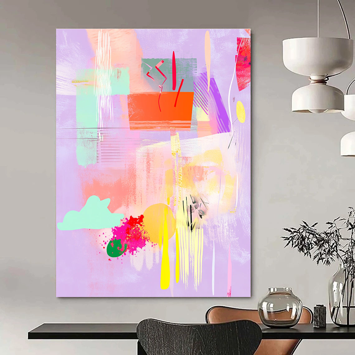 Large abstract painting featuring pastel shapes and textures with clouds flowers and musical notes on a light purple background adding depth and spaciousness.STSC546