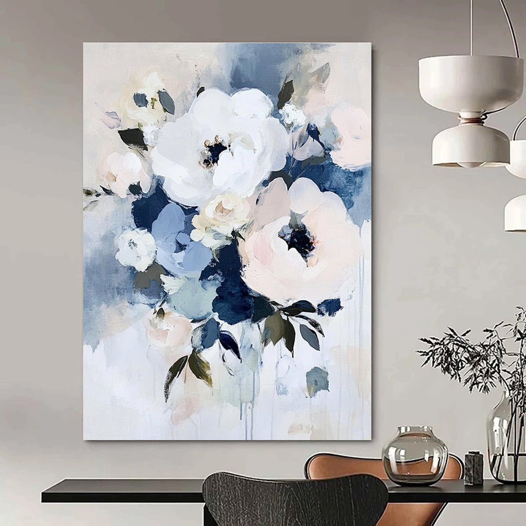 Large abstract floral painting in soft shades of white blue pink and green evokes tranquility and romance with an elegant bouquet composition.STSC054