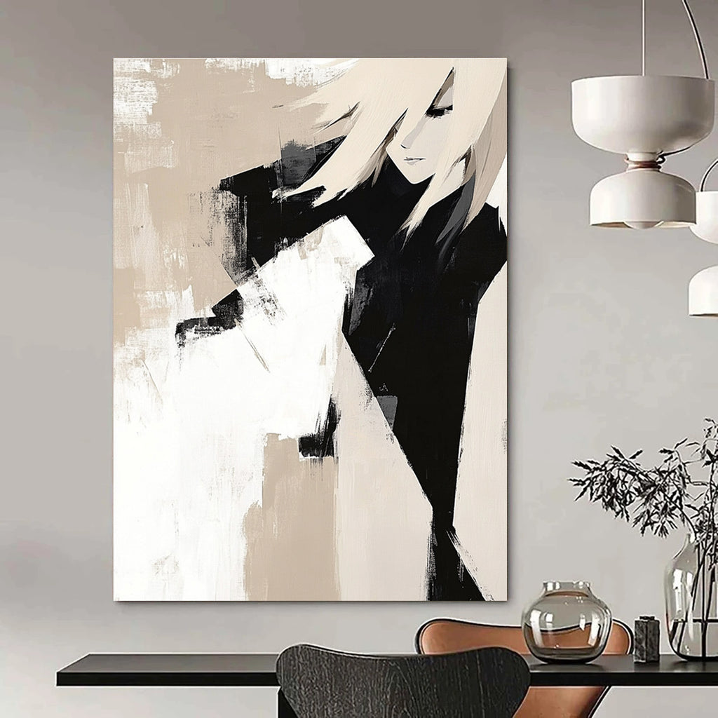 Large abstract painting featuring beige and black blocks on white background with textured layers and strong lines embodying minimalist elegance.STSC408