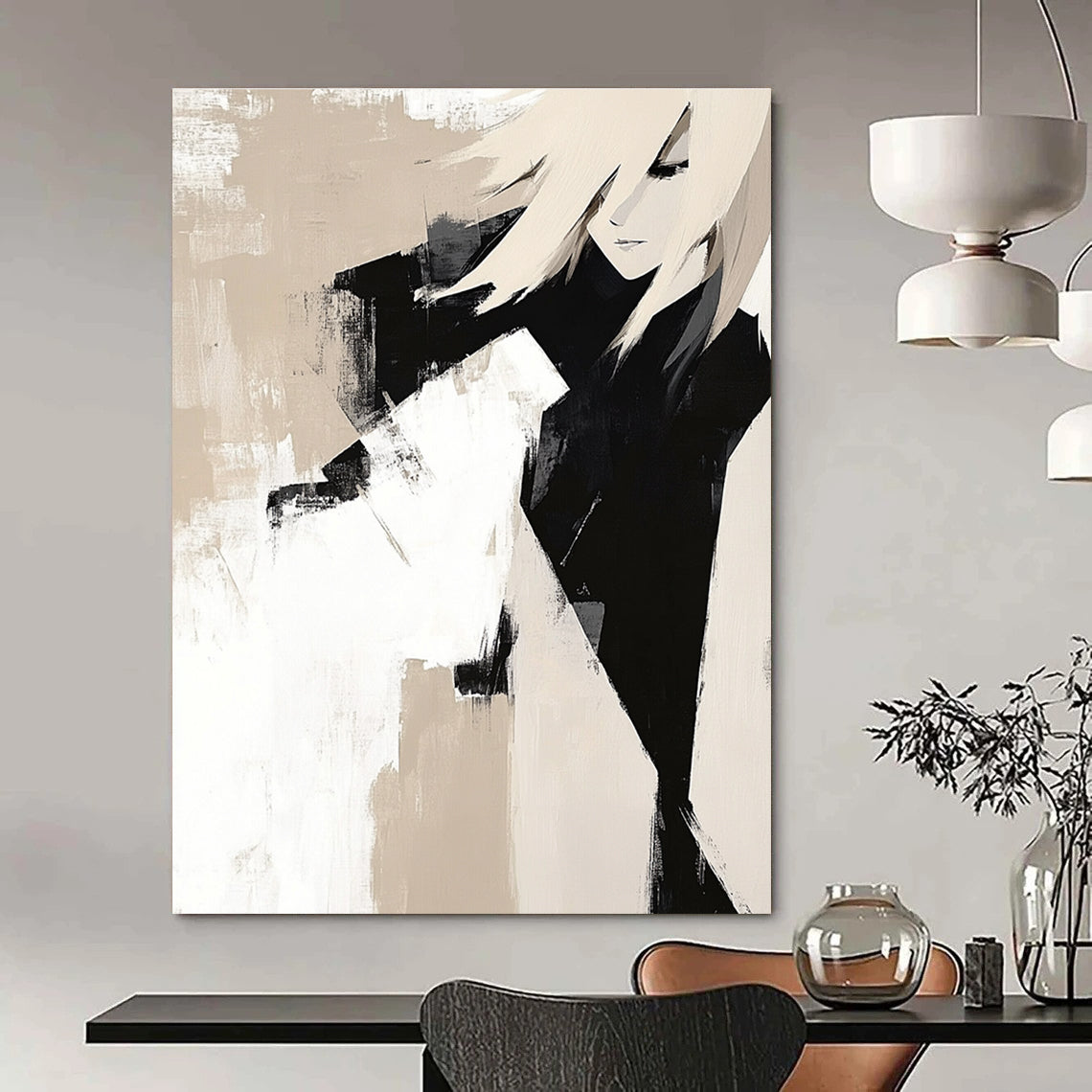 Large abstract painting featuring beige and black blocks on white background with textured layers and strong lines embodying minimalist elegance.STSC408