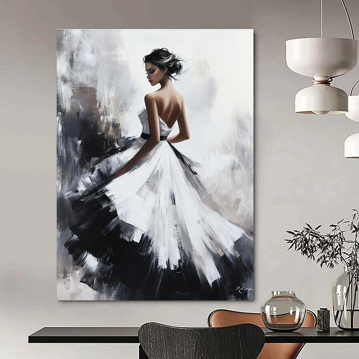 Large abstract oil painting of a beautiful woman in a white dress with a black skirt featuring exquisite details and soft lighting on a textured canvas.STSC1363