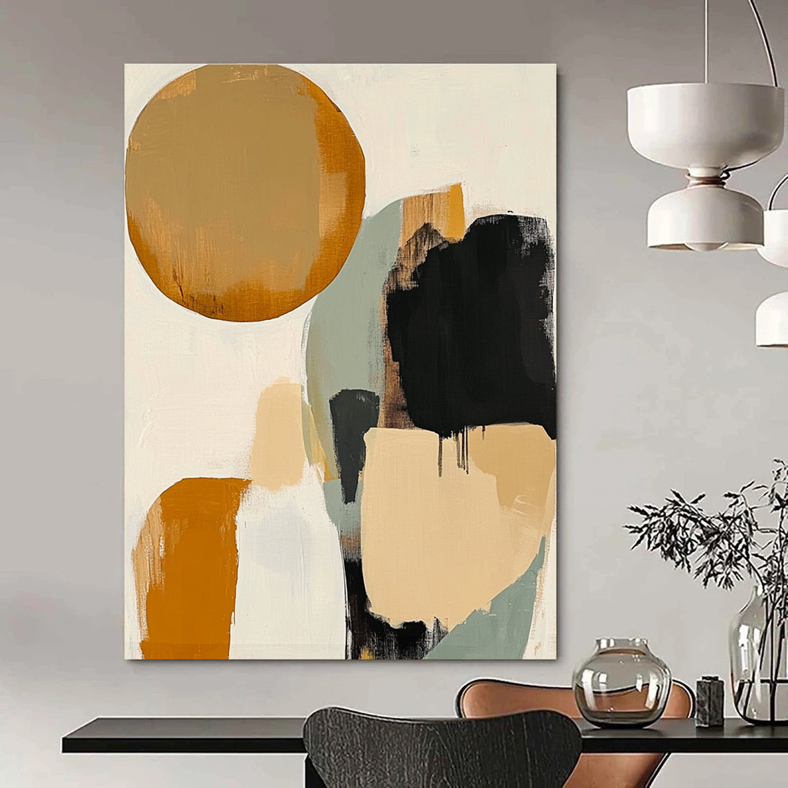 Large abstract artwork featuring earthy tones with circles and ovals surrounded by soft gray lines against a white background for an elegant look.STSC475