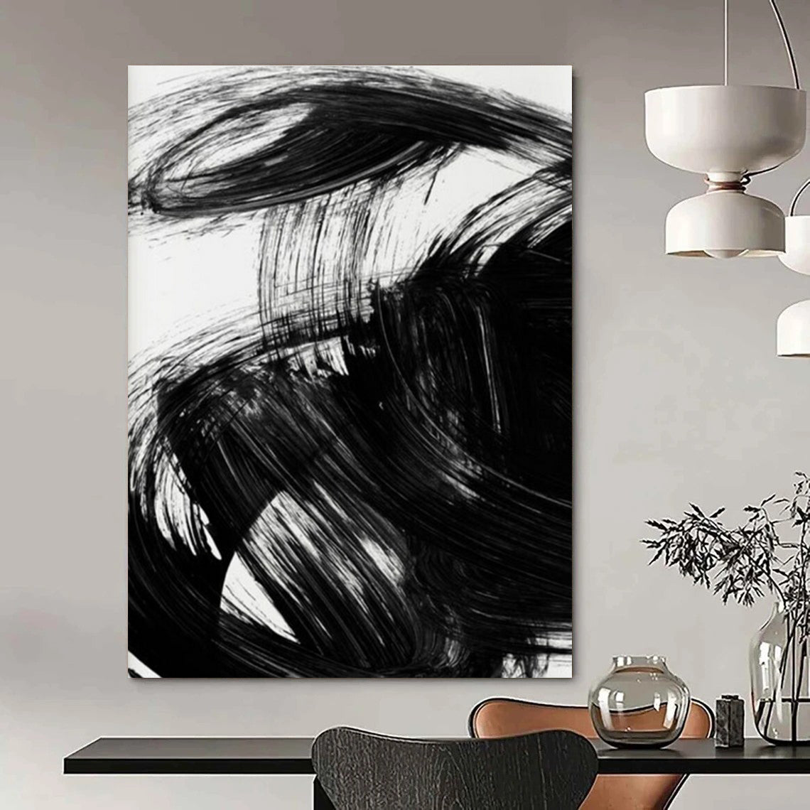 Black Ink Abstract with Expressive Brushstrokes Painting ADGE195