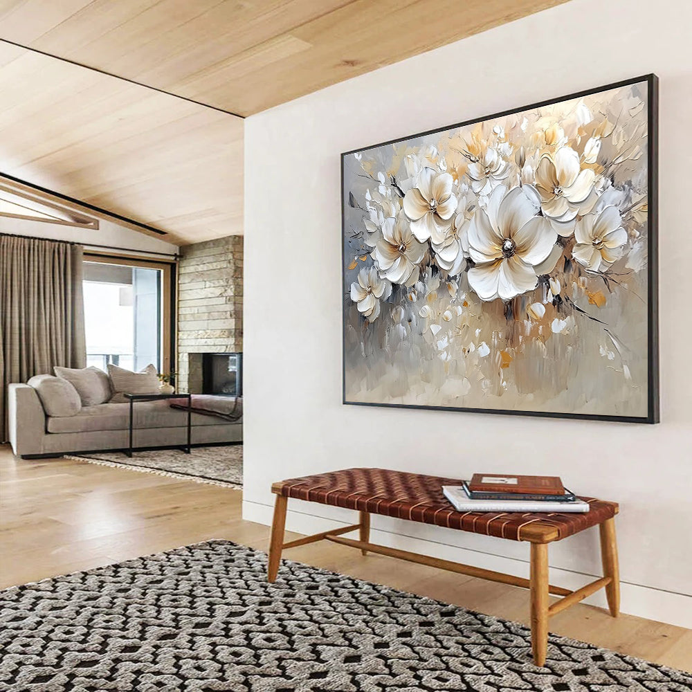 Large abstract painting featuring soft colors in white and beige with bold brush strokes and low detail of flowers.SC001