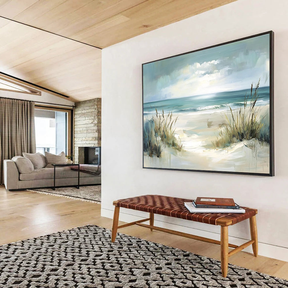 Large abstract painting depicting a serene coastal scene with dunes and ocean in soft pastel teal and blue hues, radiating tranquility and serenity.SC546