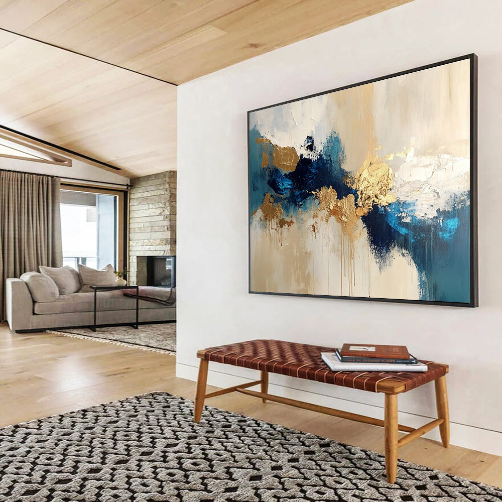 Blue Gold and Beige Abstract Painting with Dynamic Compositions DYP185