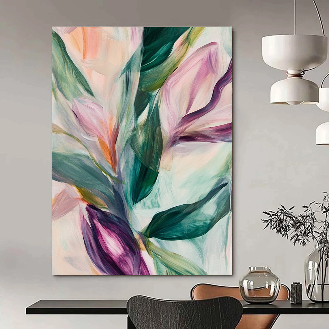 Large abstract painting featuring soft pastel leaves and flowers in neutral tones set against a blurred white background.STSC314