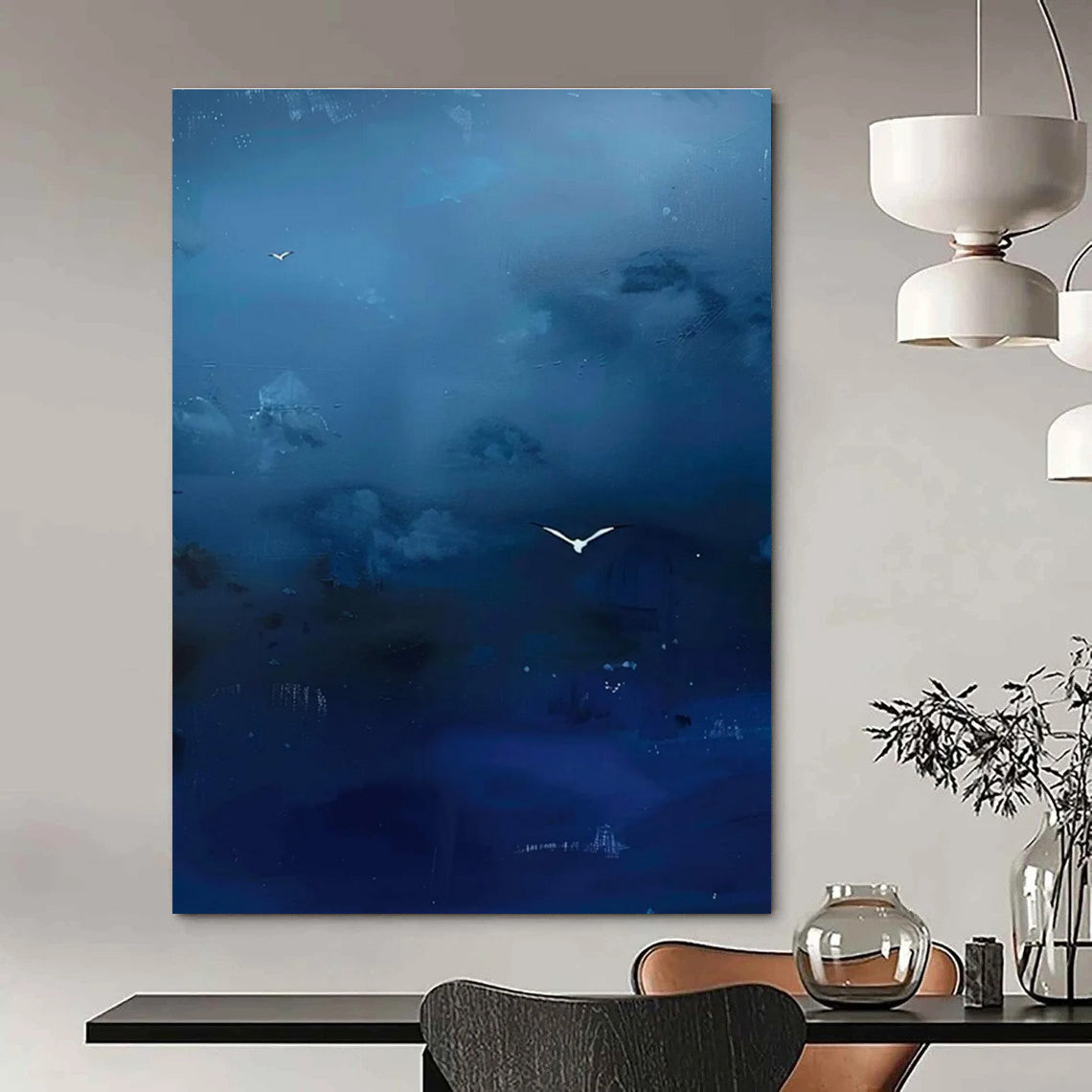 Blue Sky with White Birds Abstract Painting with Subtle Details ADGE507