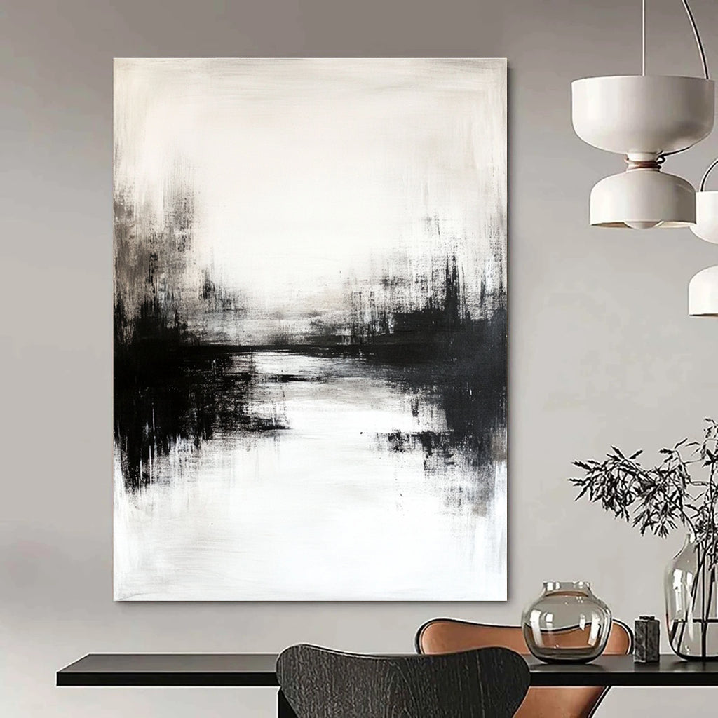 Large abstract painting featuring black and white tones with soft hazy reflections in neutral colors creating a low-contrast atmospheric effect.STSC234