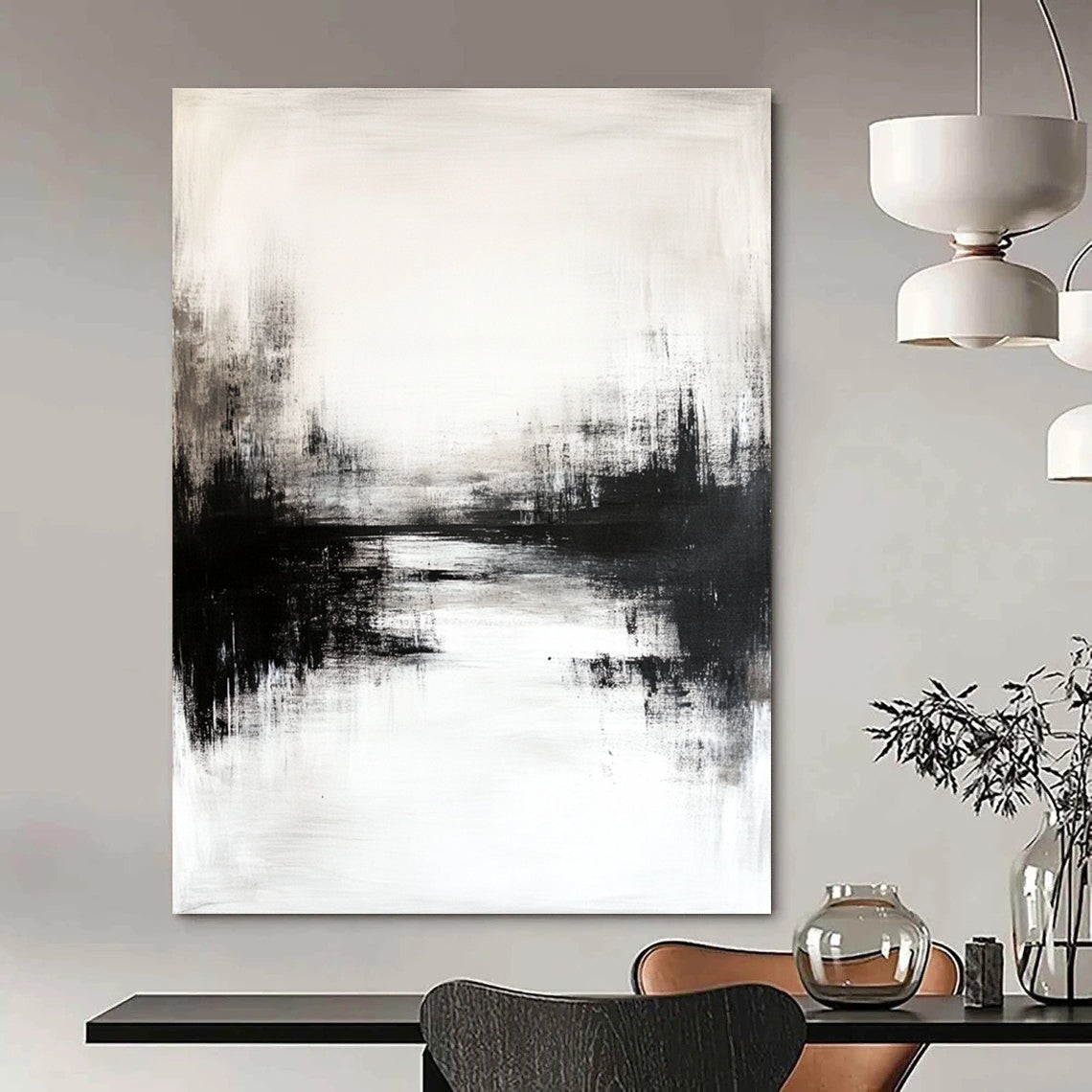 Large abstract painting featuring black and white tones with soft hazy reflections in neutral colors creating a low-contrast atmospheric effect.STSC234