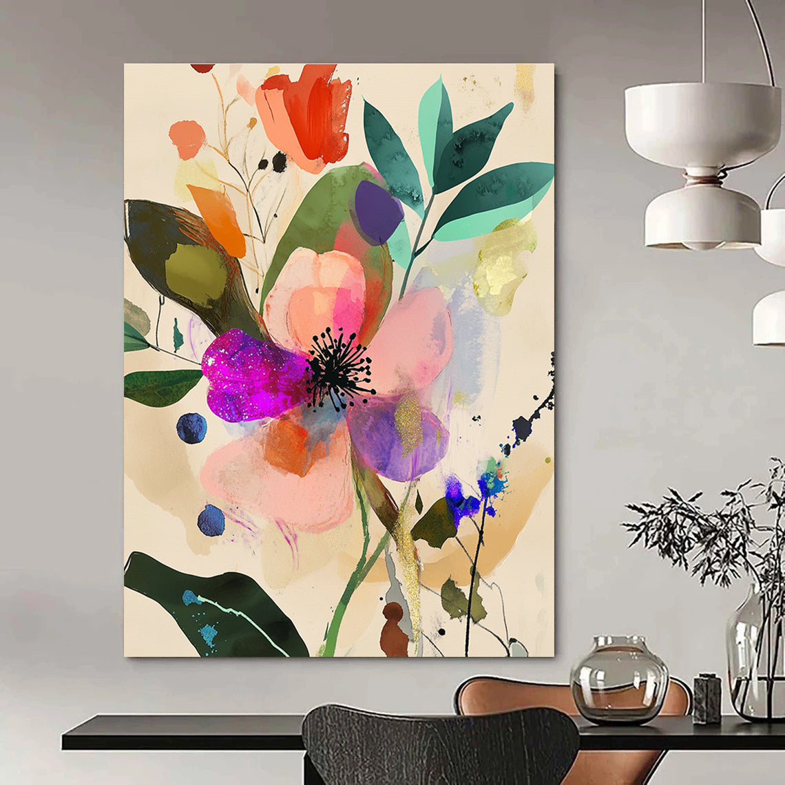 Large abstract watercolor painting featuring iridescent pink flower surrounded by floral patterns in pastel colors with organic shapes and black ink details.STSC1045