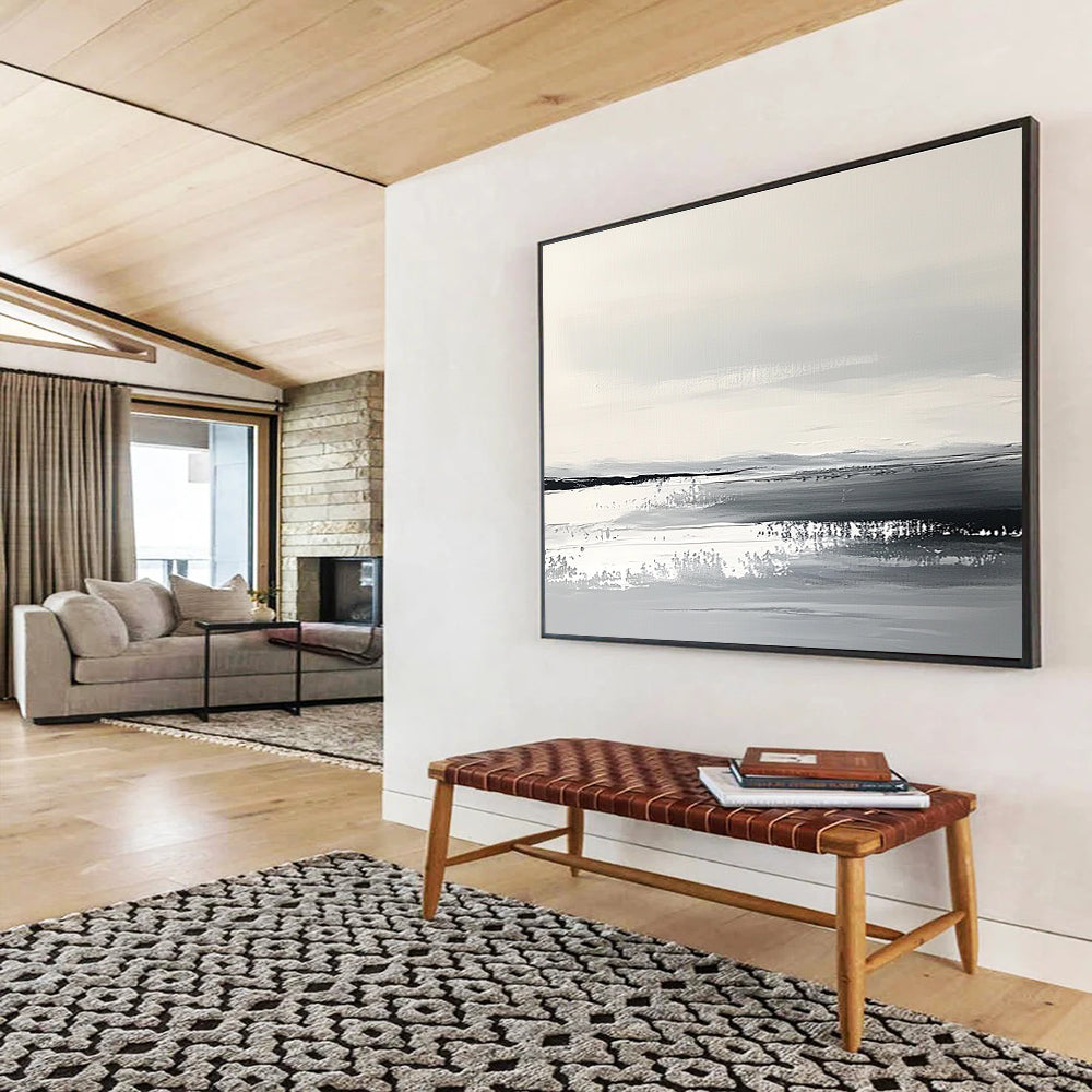 Monochrome Landscape Abstract Painting with Gray and White Tones DYP330