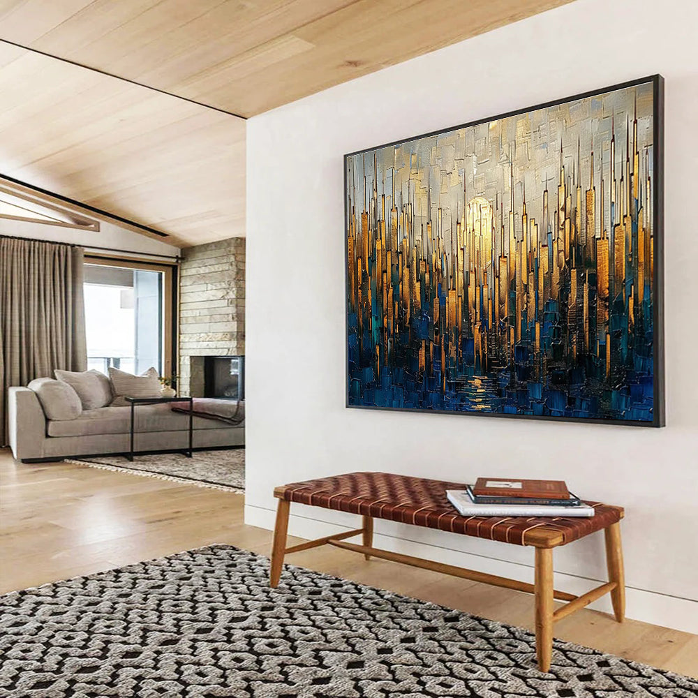 Golden City Skyline Abstract Painting with Gold, Blue, and Grey Tones THY172