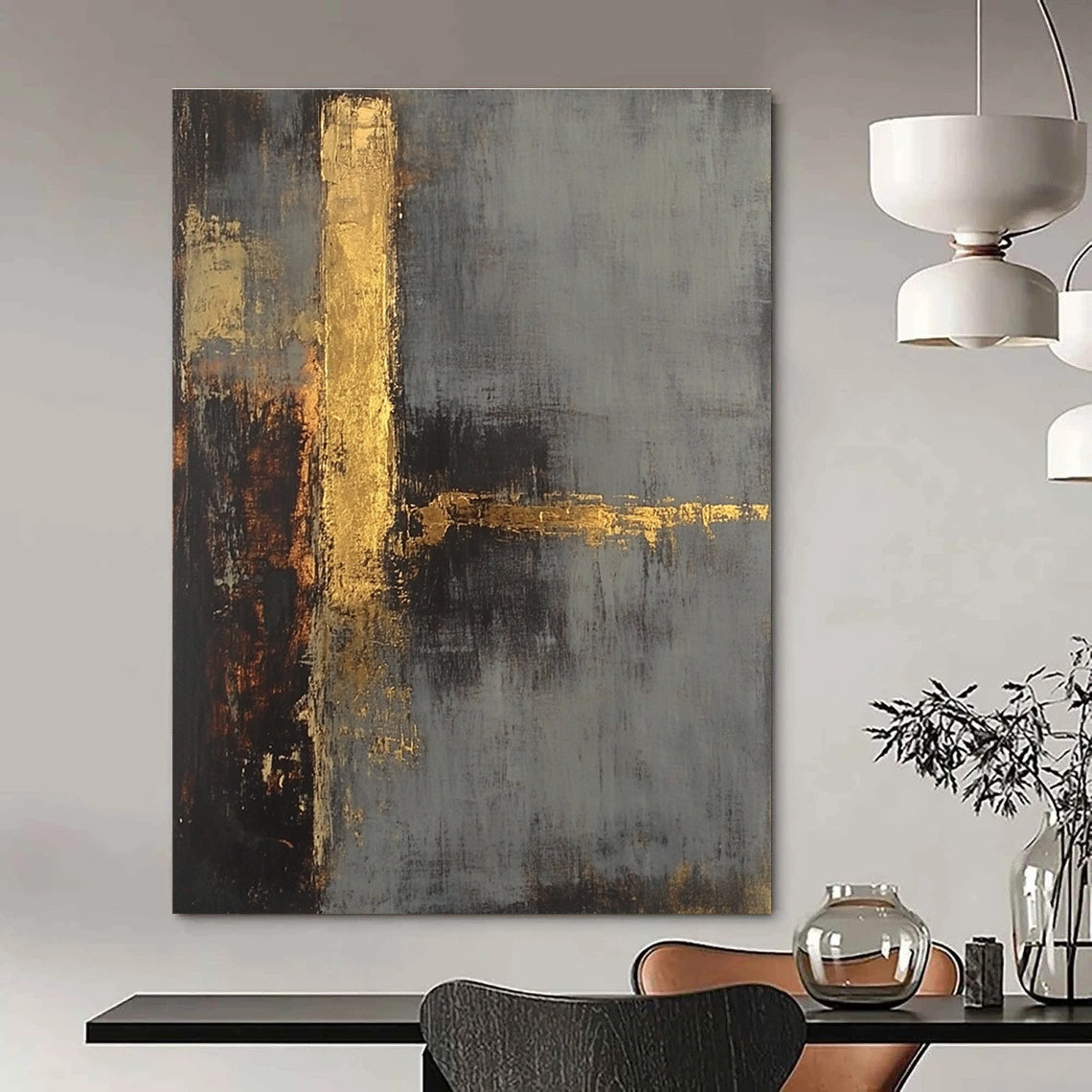 Large abstract painting in gray and gold tones with a textured background and a hint of a tower evoking mystery and calmness.STSC418