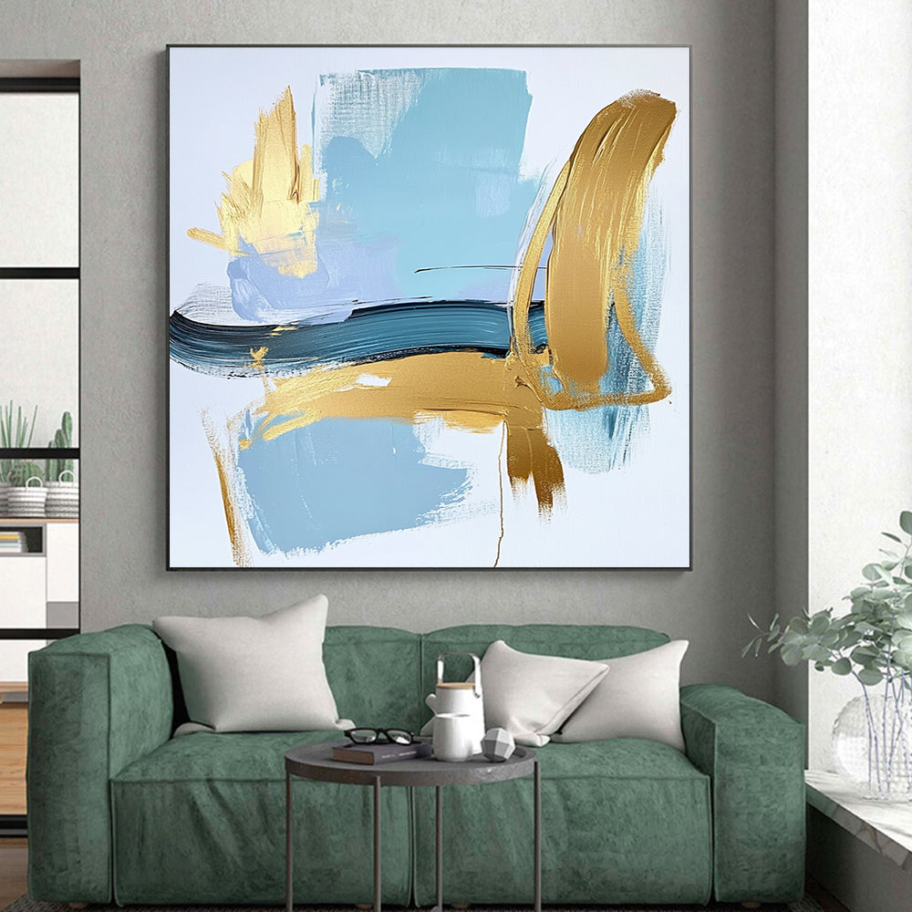 Blue and Gold Minimalist Abstract Painting with Bold Strokes GER582