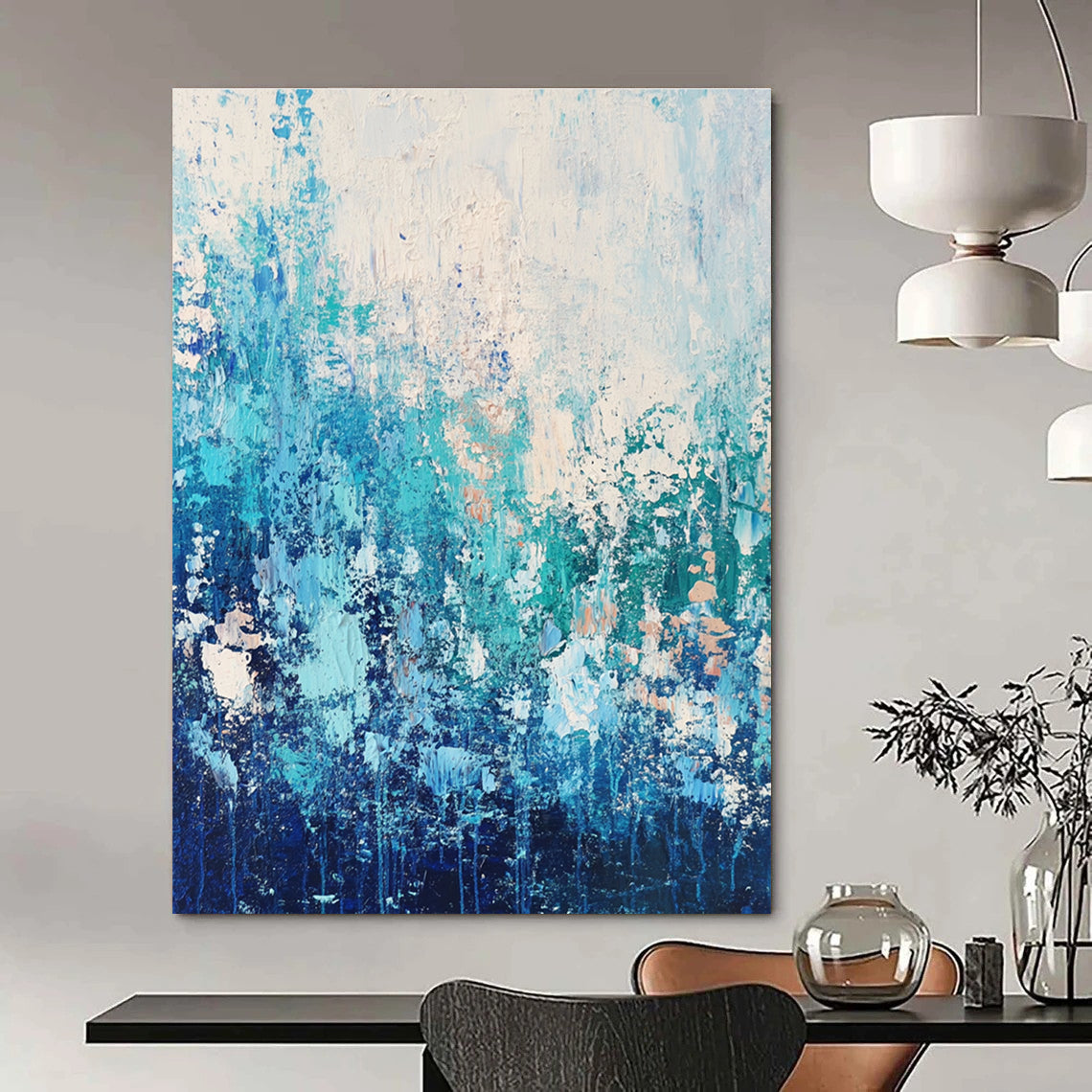 Large abstract painting featuring water and sky-inspired colors with a paint-dripping technique that evokes movement and depth.STSC452
