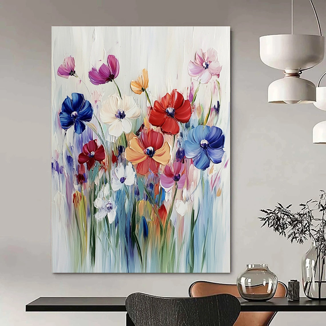 Large abstract painting of vibrant wildflowers in bold acrylic strokes against a soft white background capturing the essence of a colorful meadow.STSC993
