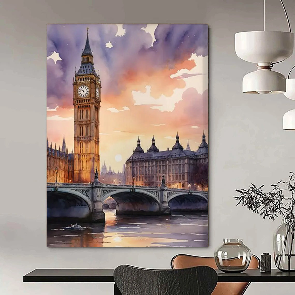 Watercolor Painting of Big Ben and River at Sunset ADGE091