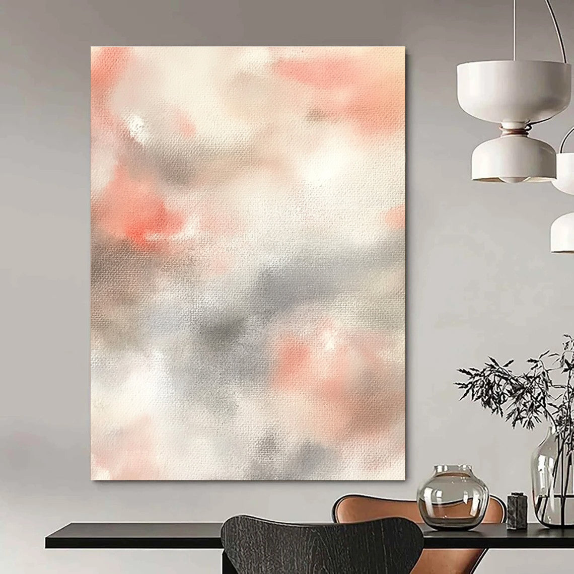 Large abstract painting featuring soft pinks whites and light gray clouds on a beige background creating a serene atmosphere.STSC1462