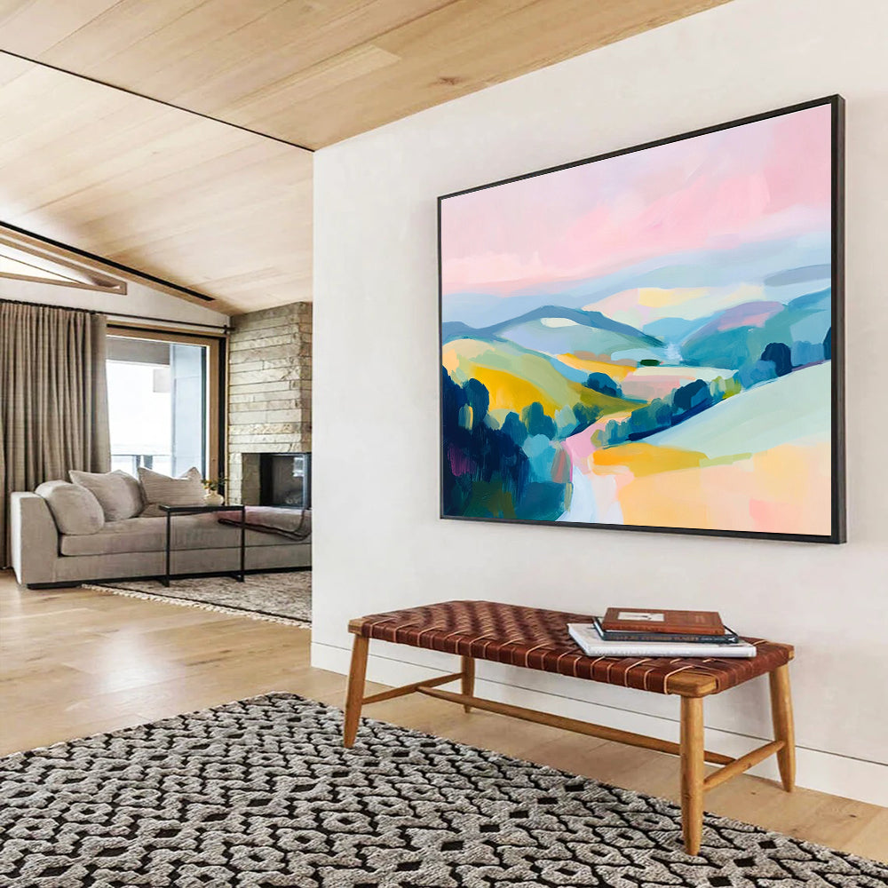 Colorful Abstract Hills Painting with Pink Blue and Yellow DYP288
