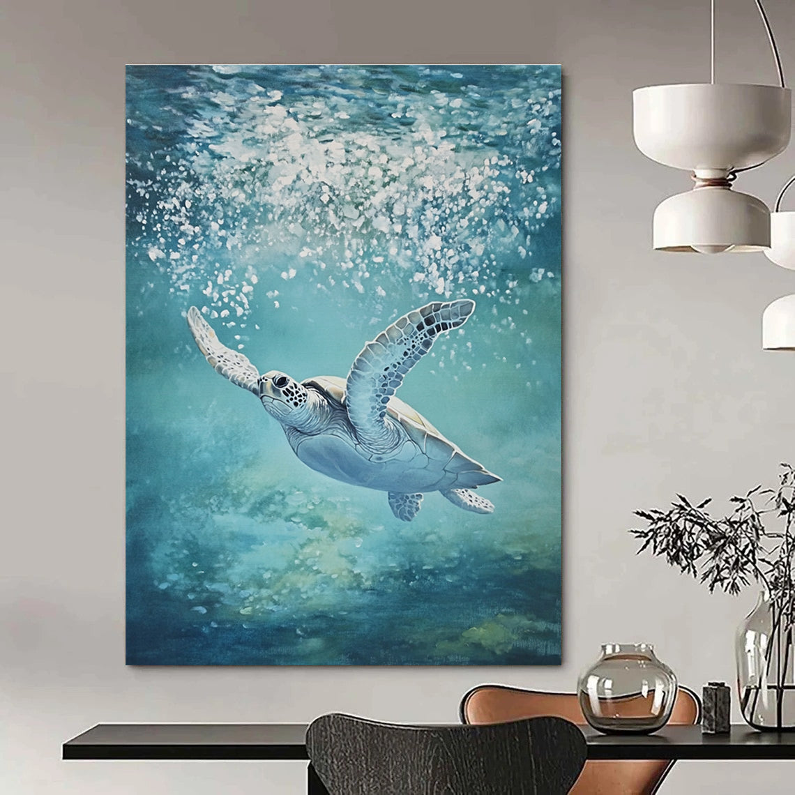 An abstract painting capturing the serene underwater scene of a majestic sea turtle gliding through crystal-clear waters with glistening skin and vibrant hues.STSC1175