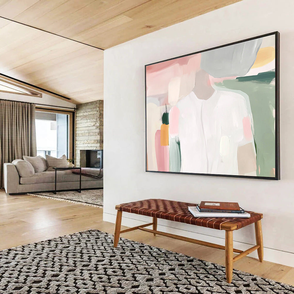 Large abstract painting of a white shirt with soft pink and green pastel brush strokes inspired by Maira Kalman.SC179