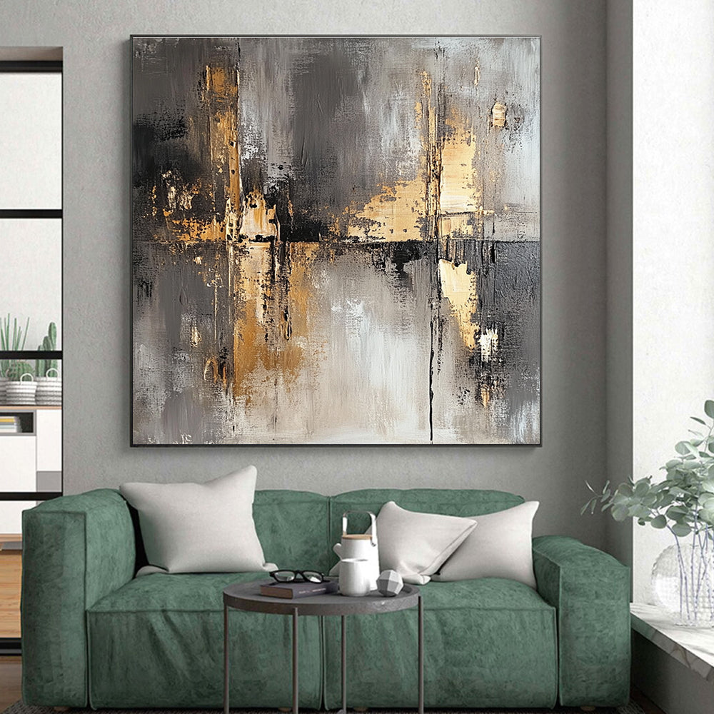 Gray Gold and Black Abstract Painting with Industrial Vibes GER644