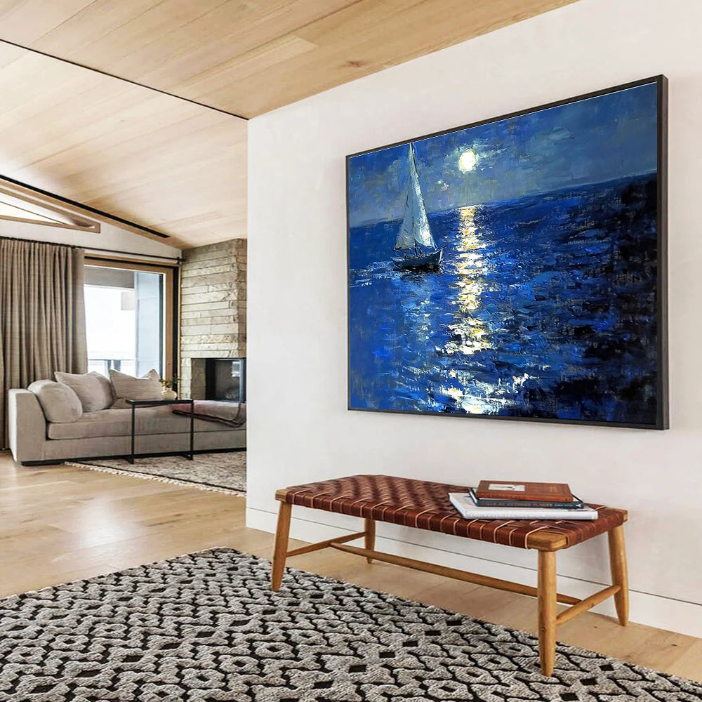 Large abstract painting depicting a sailboat on a moonlit sea with rich colors soft tonal gradations and dreamy reflections.SC604