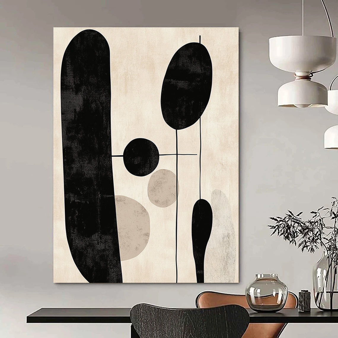 Large abstract artwork features minimalist black and white line art against a beige background with muted colors.STSC1330