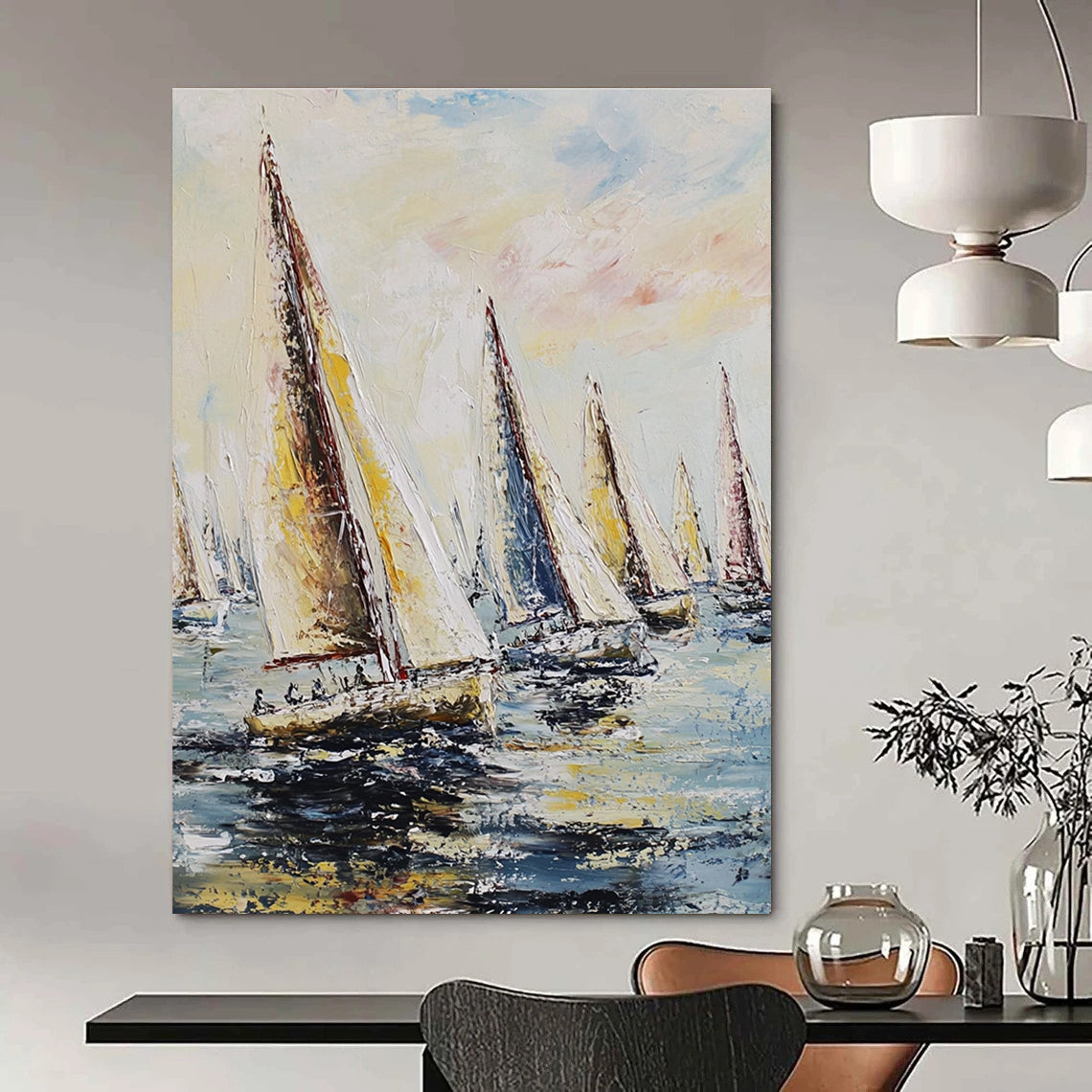 Large abstract painting featuring sailing regatta with billowing sails against a pastel sky and impasto-thick brush strokes.STSC1421