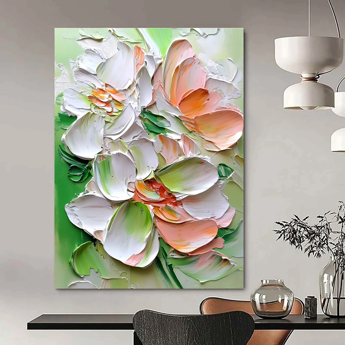 Large abstract painting with thick brushstrokes featuring super-detailed flowers in white pink and green colors for a vibrant artistic expression.STSC1401