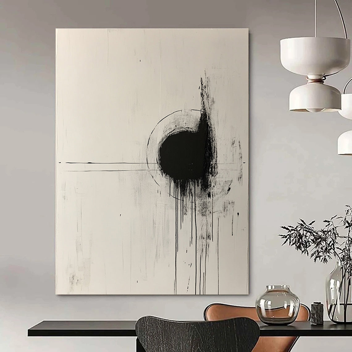 Large abstract painting with white background black lines paint drips central circle and expressive brush strokes emphasizing negative space.STSC568