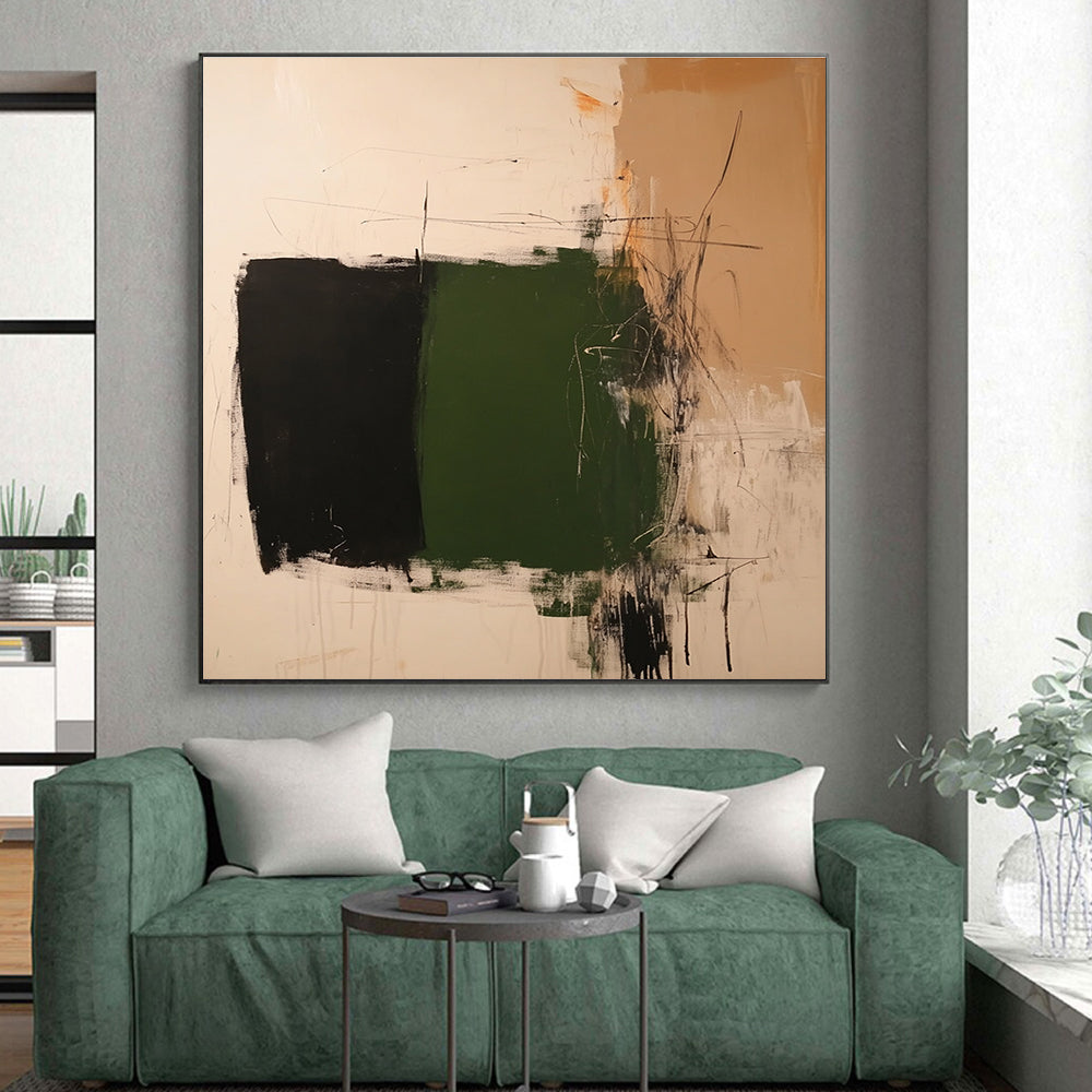 Green Black Beige Abstract Painting with Bold Color Blocks GER776
