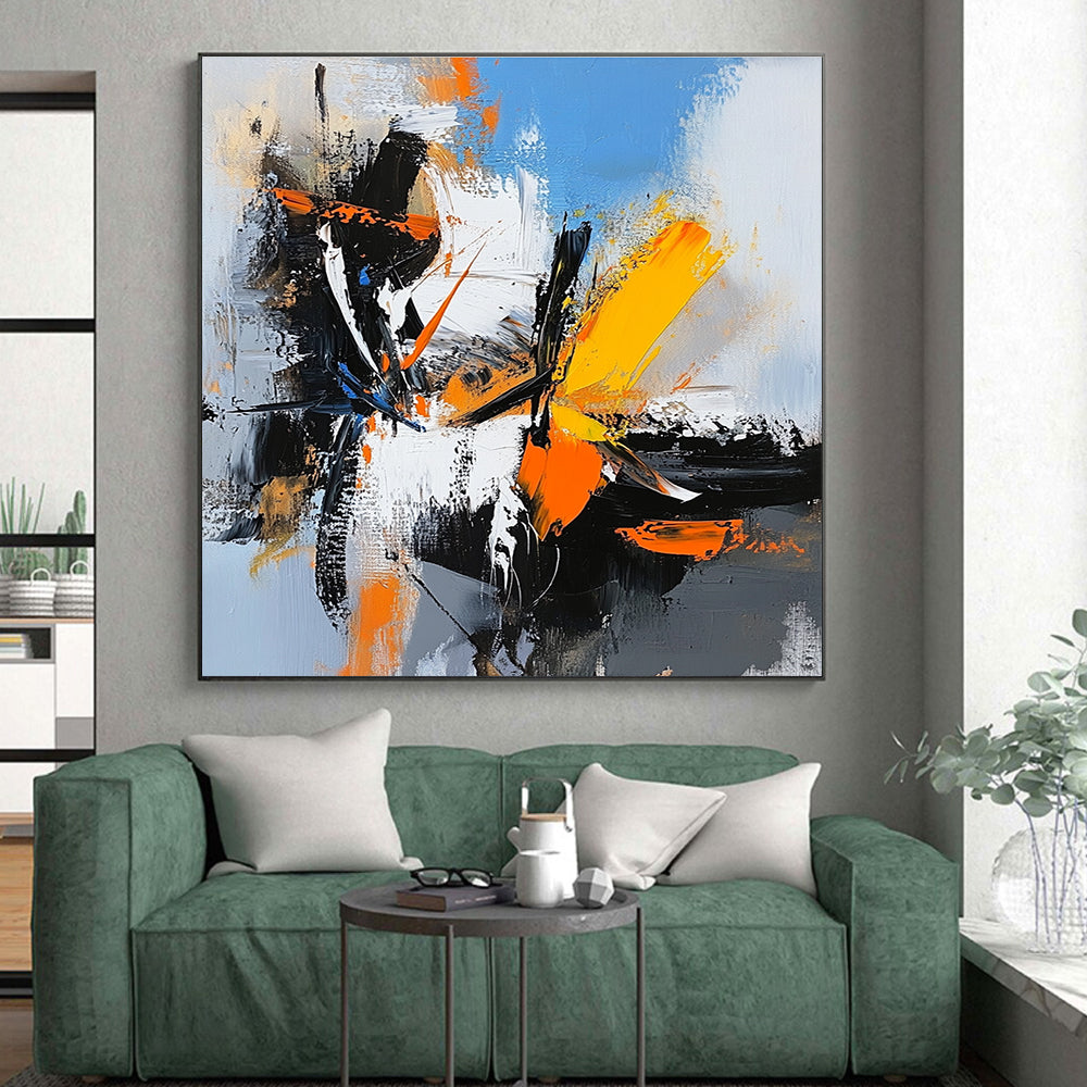 Black White Orange Abstract Painting with High Contrast GER408