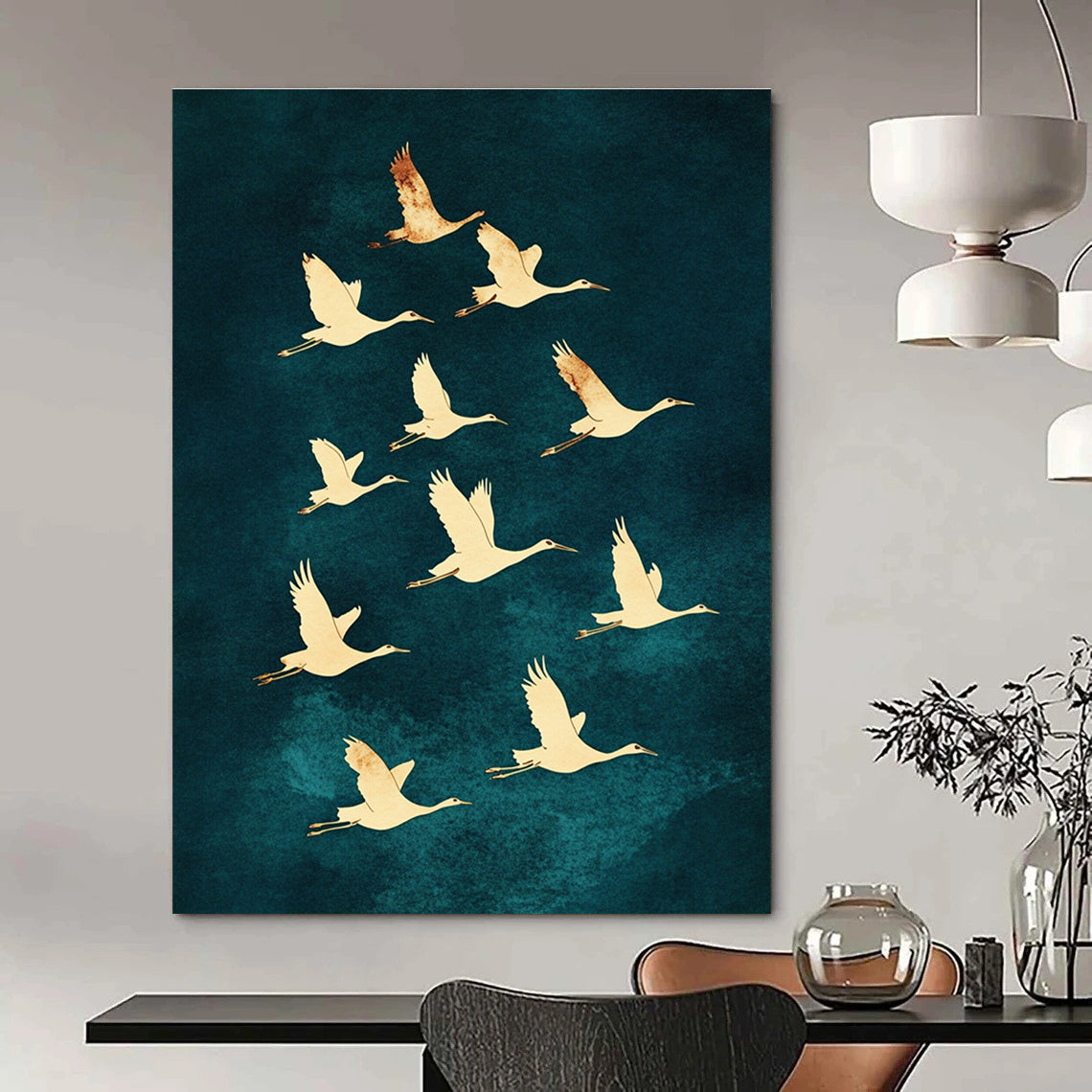 A large abstract painting of ten white cranes in graceful S-shaped flight against a dark blue watercolor background showcasing elegance and beauty.STSC1304