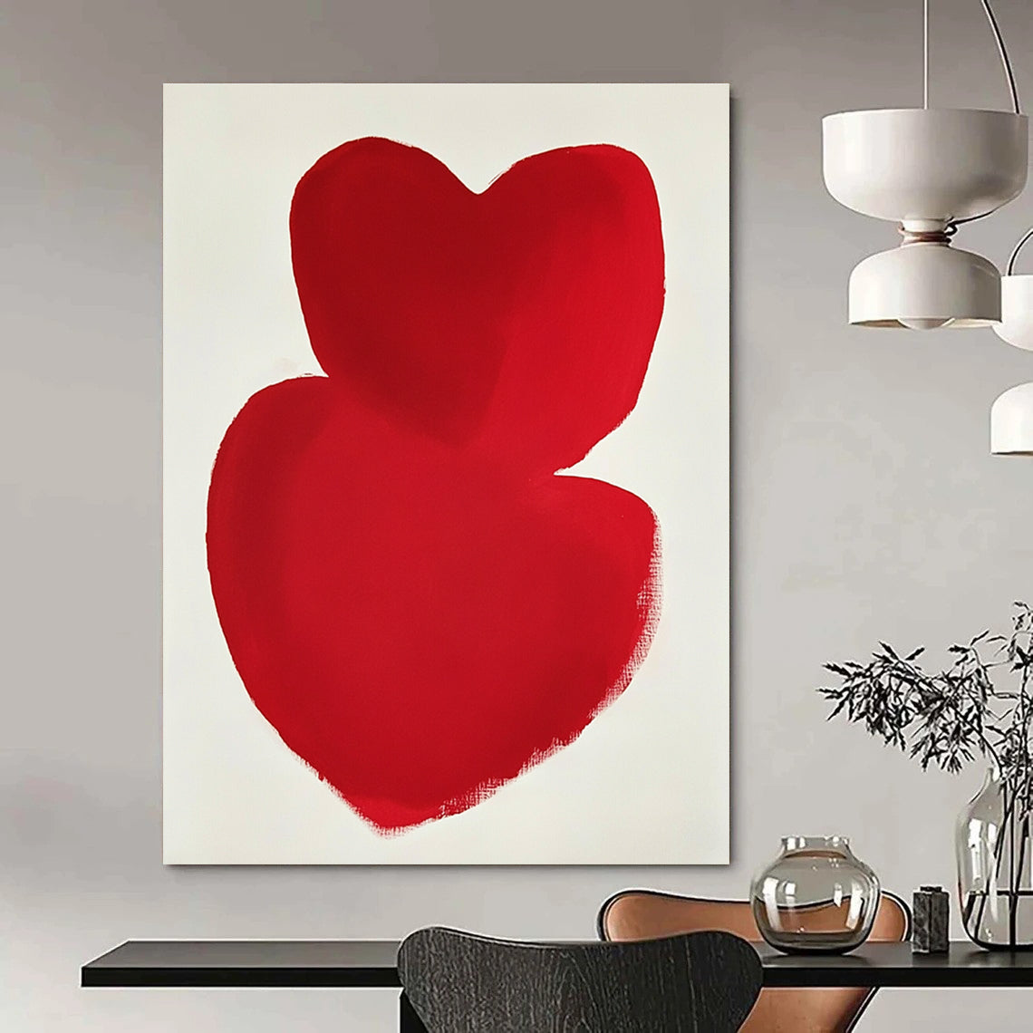 A large abstract painting featuring overlapping red hearts on a white background inspired by minimalist art in the style of Mark Rothko.STSC1192