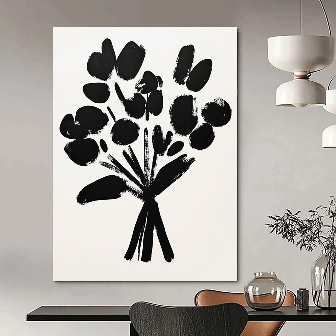 A large abstract painting featuring a bouquet of flowers with black brush strokes on white paper in a simple and minimalistic drawing style.STSC924