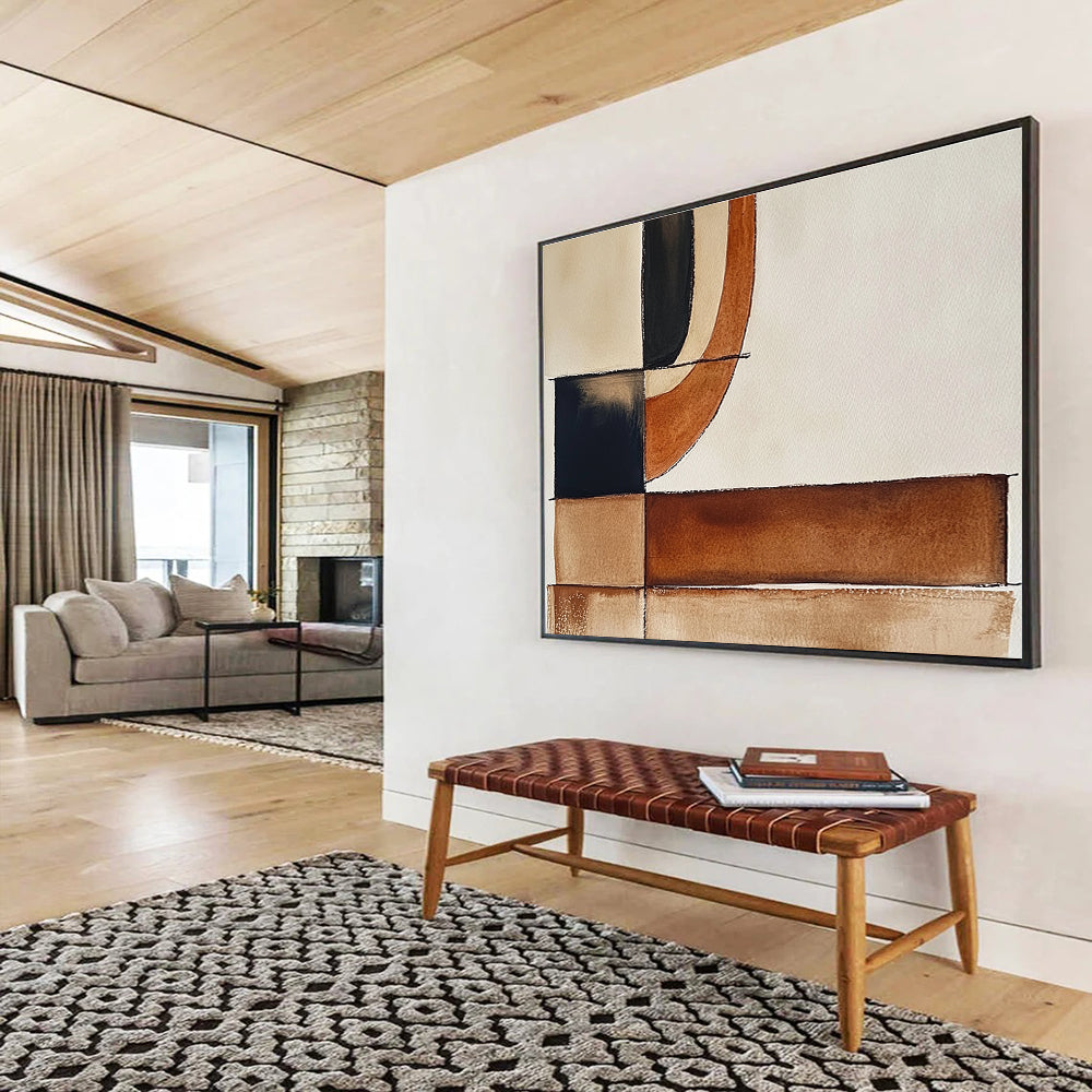 Large abstract watercolor painting featuring brown black and white shapes with minimalist earthy tones for a boho-inspired artistic touch.SC394