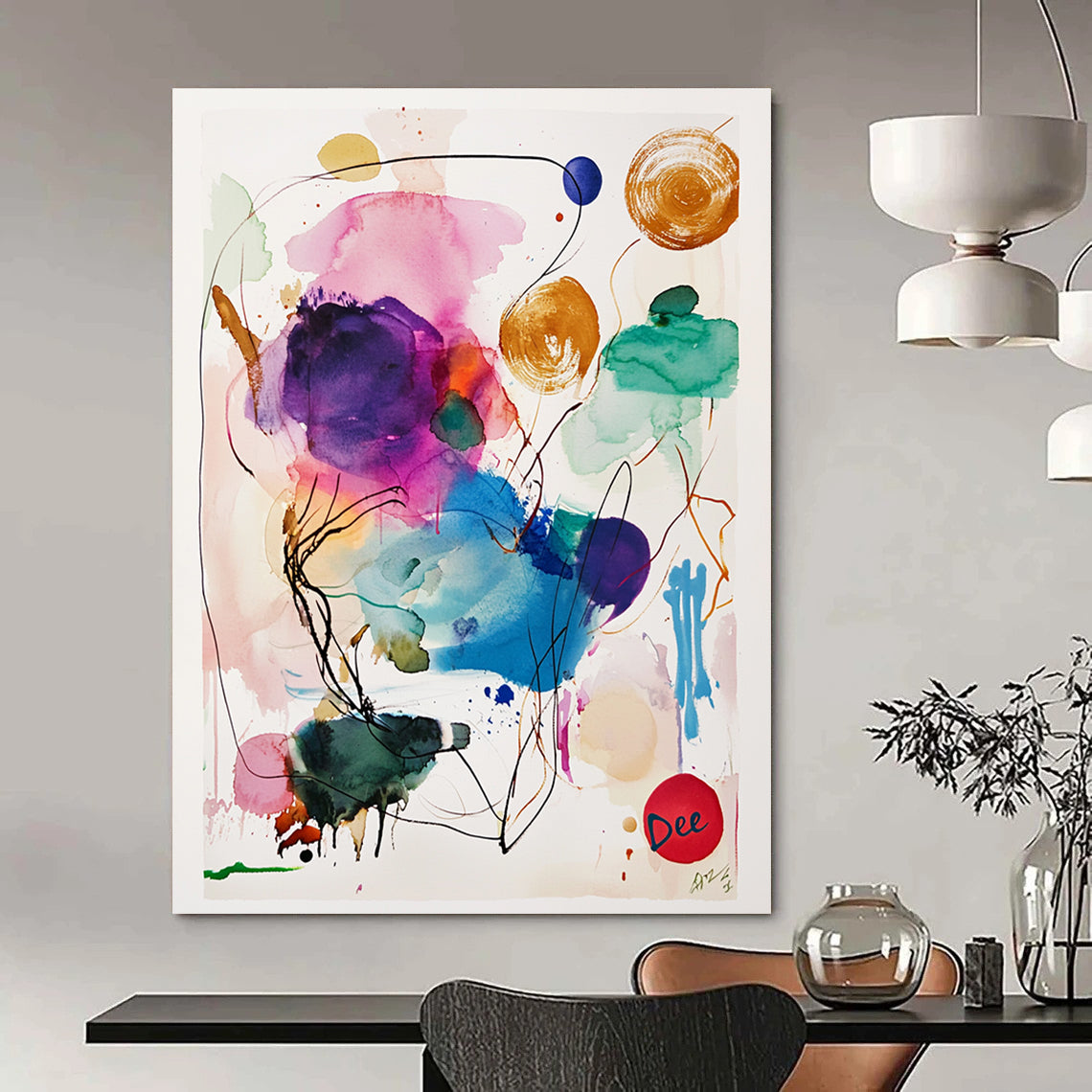 A large abstract watercolor painting featuring a central animal surrounded by colorful ink washes in purple, pink, blue, green, and yellow.STSC1046