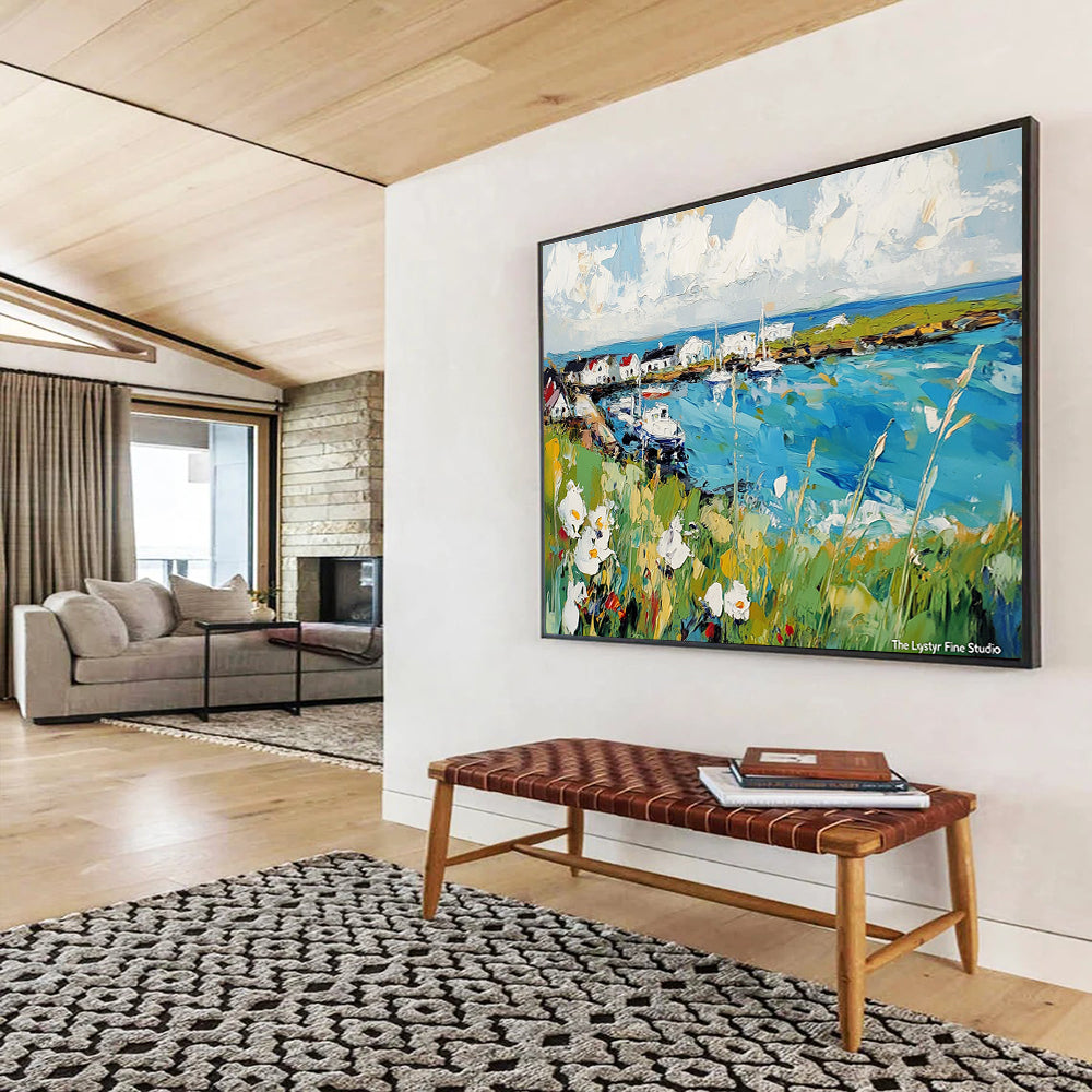 Harbor Landscape Abstract Painting with Blue, Green and White DYP118