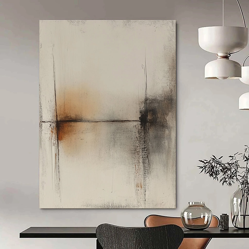 Large abstract painting featuring a white background with brown lines and a subtle tonal range in gray and amber hues.STSC736