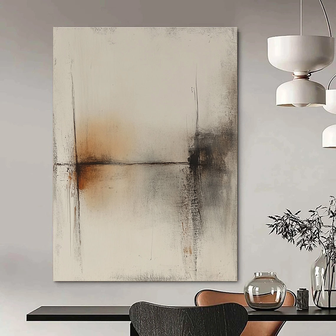Large abstract painting featuring a white background with brown lines and a subtle tonal range in gray and amber hues.STSC736